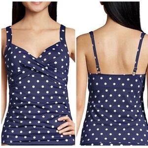 Lands' End Polka Dot Ruched Tankini Swim Tank Top Retro Beach Stretchy Blue 8